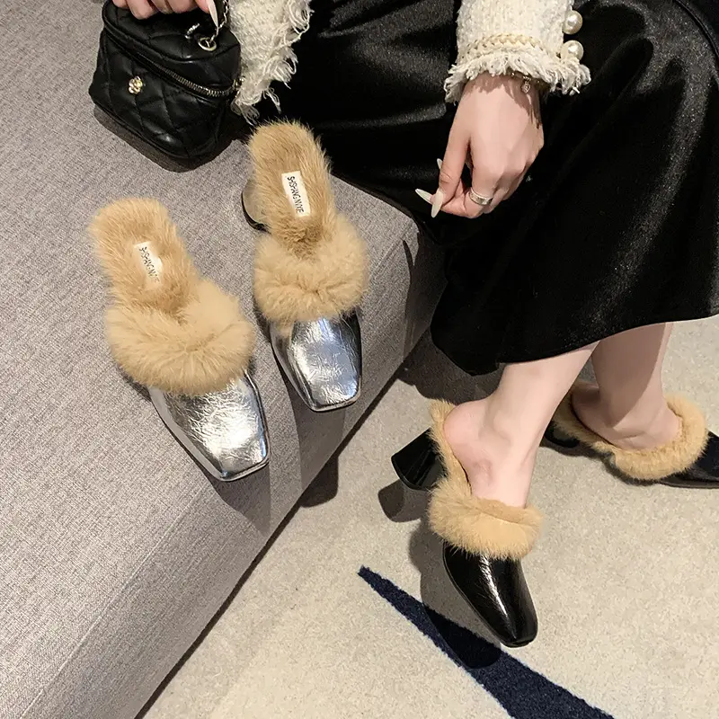 Fur Women High Heels Cotton Slippers Fashion New Chunky Elegant Shoes 2025 Trend Winter Party Flip Flops Pumps Plush Snow Botas