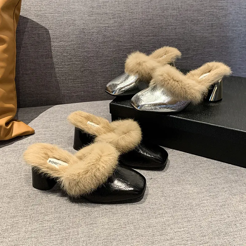 Fur Women High Heels Cotton Slippers Fashion New Chunky Elegant Shoes 2025 Trend Winter Party Flip Flops Pumps Plush Snow Botas