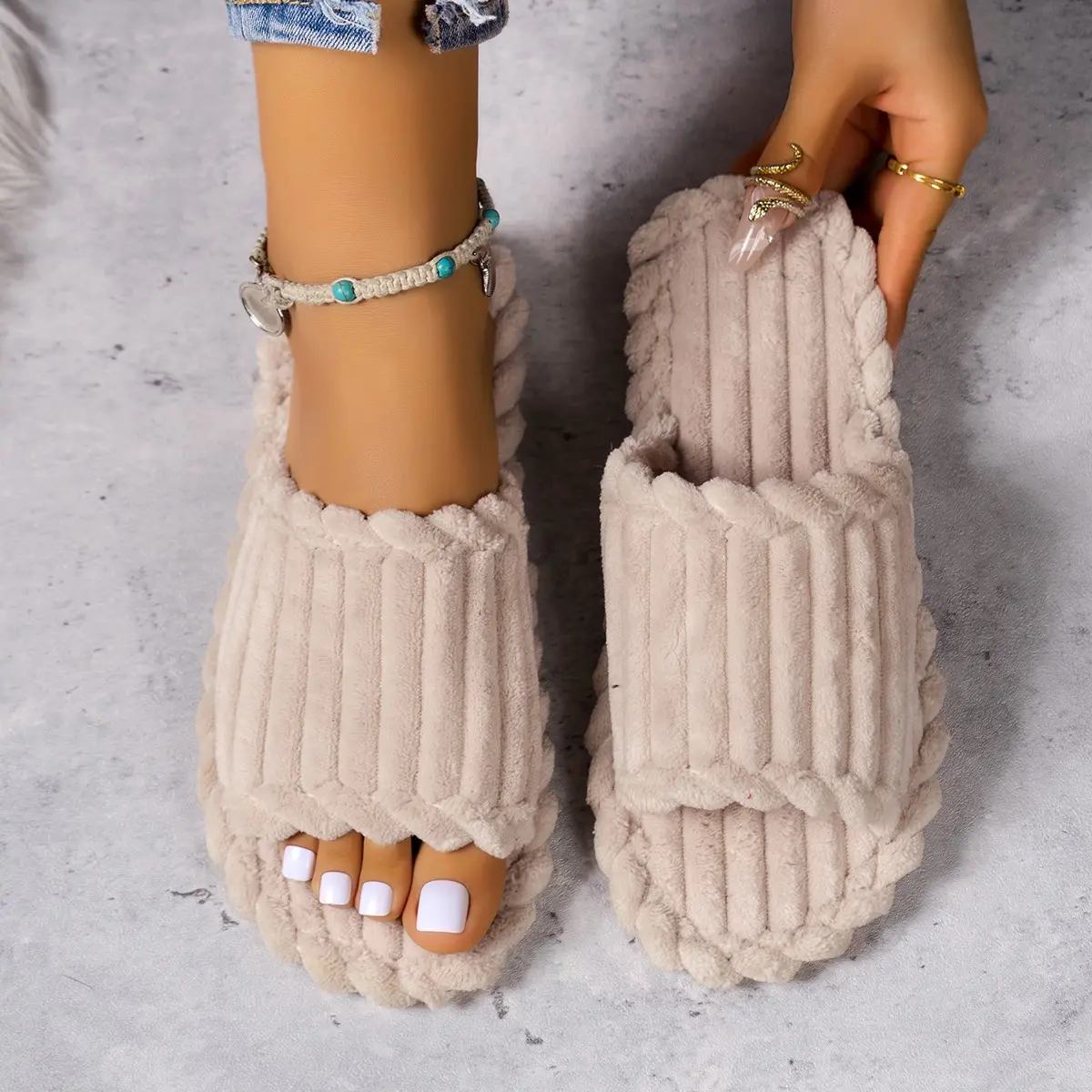 2024 Women's New Fashionable and Minimalist One Word Slippers for Indoor and Home Couples with Striped Open Toe Cotton Slippers
