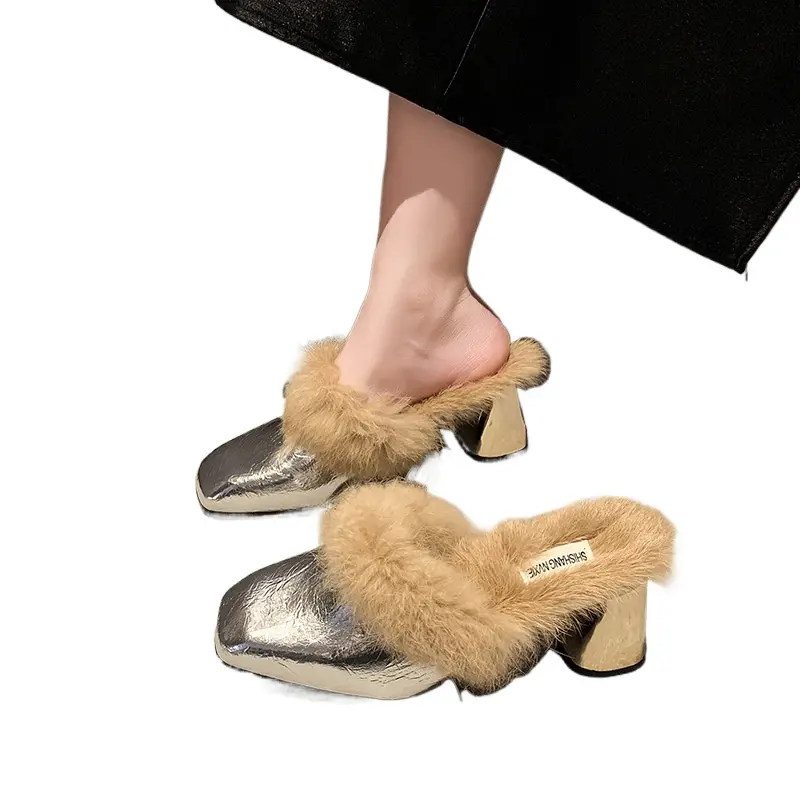 Fur Women High Heels Cotton Slippers Fashion New Chunky Elegant Shoes 2025 Trend Winter Party Flip Flops Pumps Plush Snow Botas