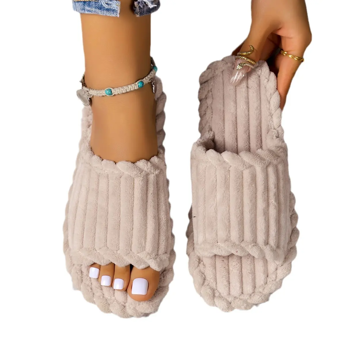 2024 Women's New Fashionable and Minimalist One Word Slippers for Indoor and Home Couples with Striped Open Toe Cotton Slippers