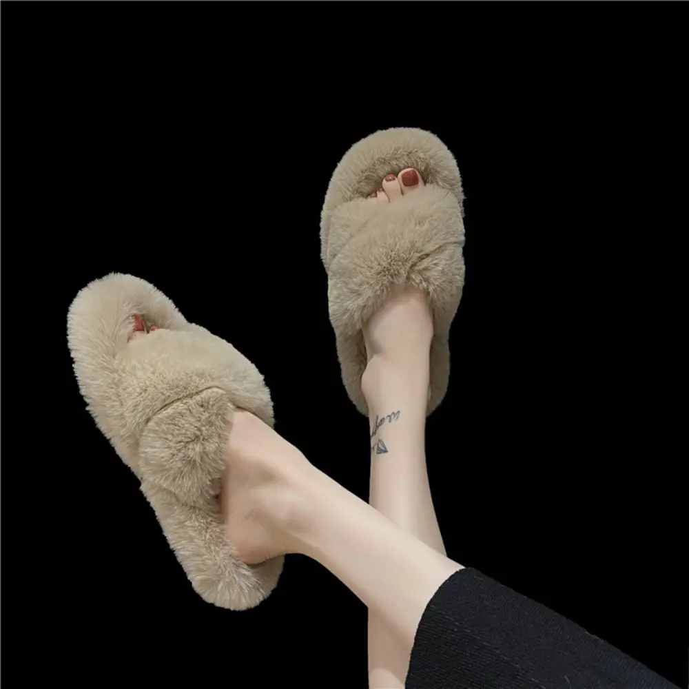 Fashion Cross Strap Fluffy Slippers Women 2024 Winter Warm Fur Home Slippers Woman Comfortable Soft Sole Non Slip Indoor Shoes
