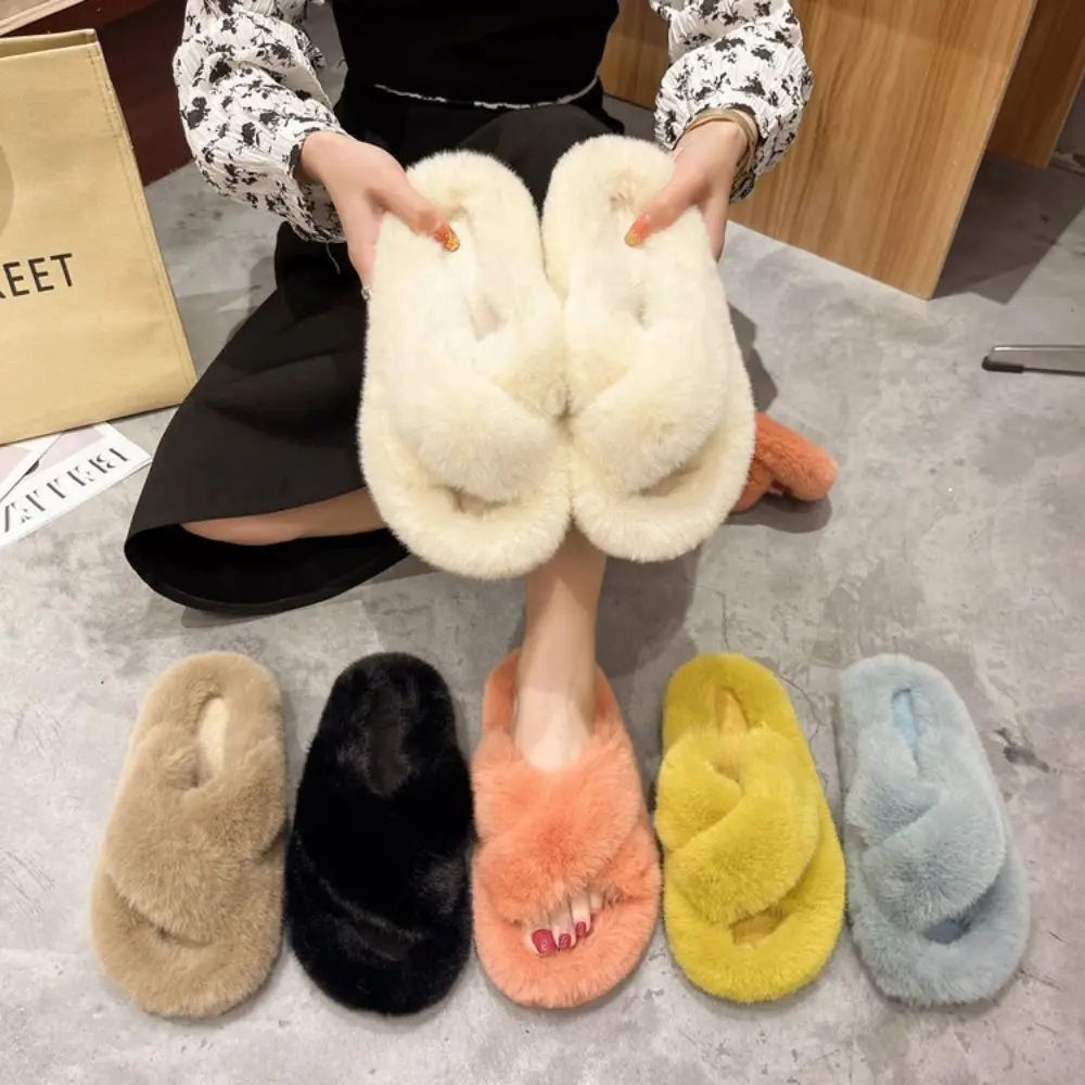 Fashion Cross Strap Fluffy Slippers Women 2024 Winter Warm Fur Home Slippers Woman Comfortable Soft Sole Non Slip Indoor Shoes