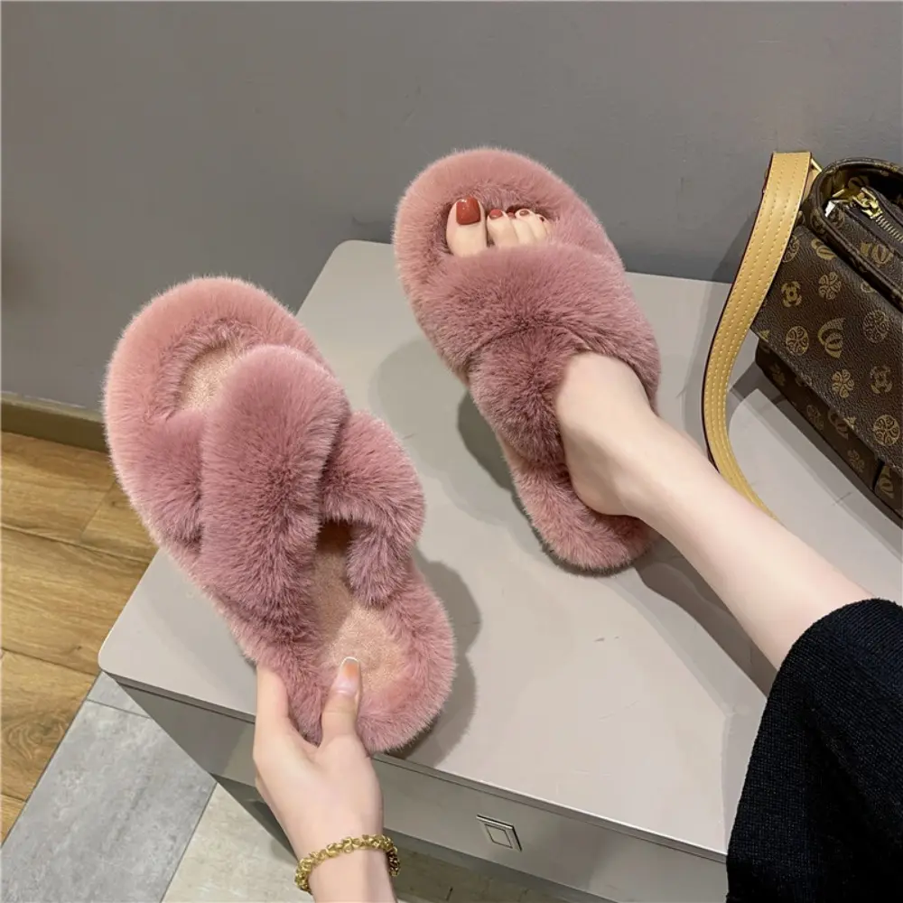 Fashion Cross Strap Fluffy Slippers Women 2024 Winter Warm Fur Home Slippers Woman Comfortable Soft Sole Non Slip Indoor Shoes