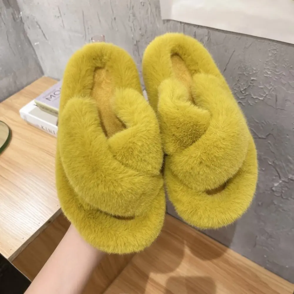 Fashion Cross Strap Fluffy Slippers Women 2024 Winter Warm Fur Home Slippers Woman Comfortable Soft Sole Non Slip Indoor Shoes