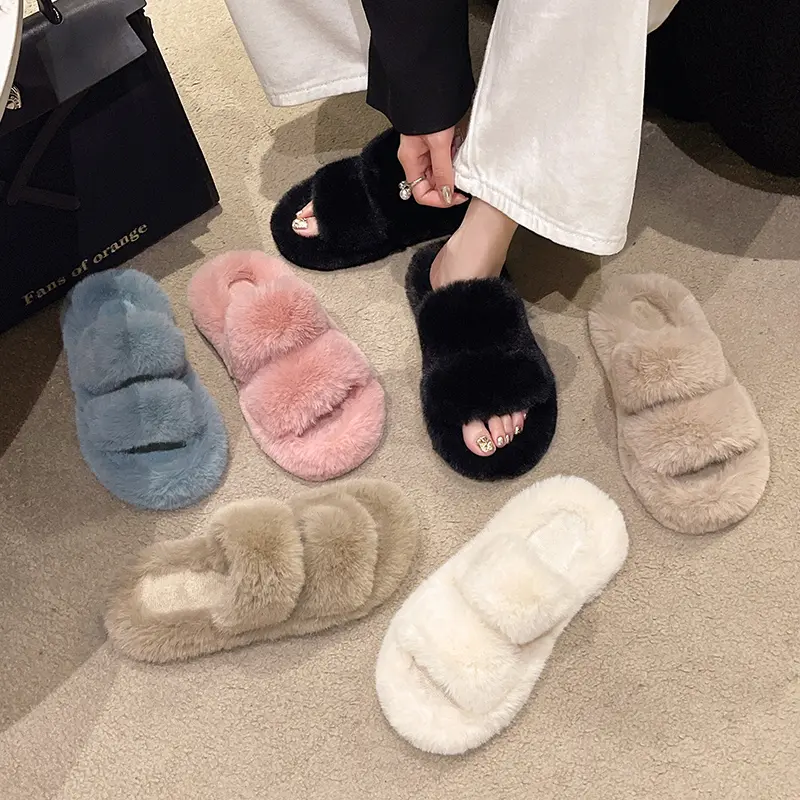 Winter Fluffy Slippers Women 2024 New House Home Fur Slippers for Women Flat Platform Cozy Fuzzy Indoor Shoes Korean Slides