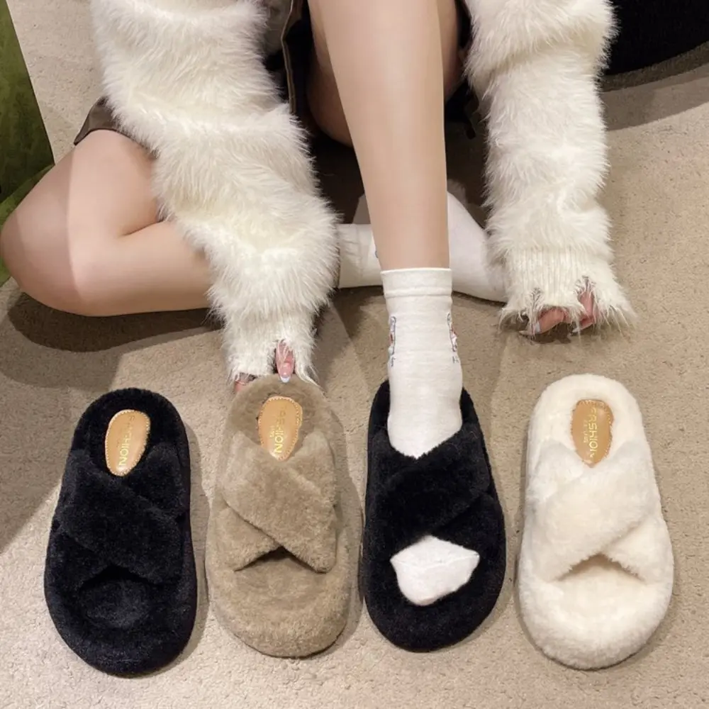 Home Furry Shoes for Women Wearing Outside 2024 New Spring and Autumn Fashion Outdoor Cross Thick Soled Plush Cotton Slippers
