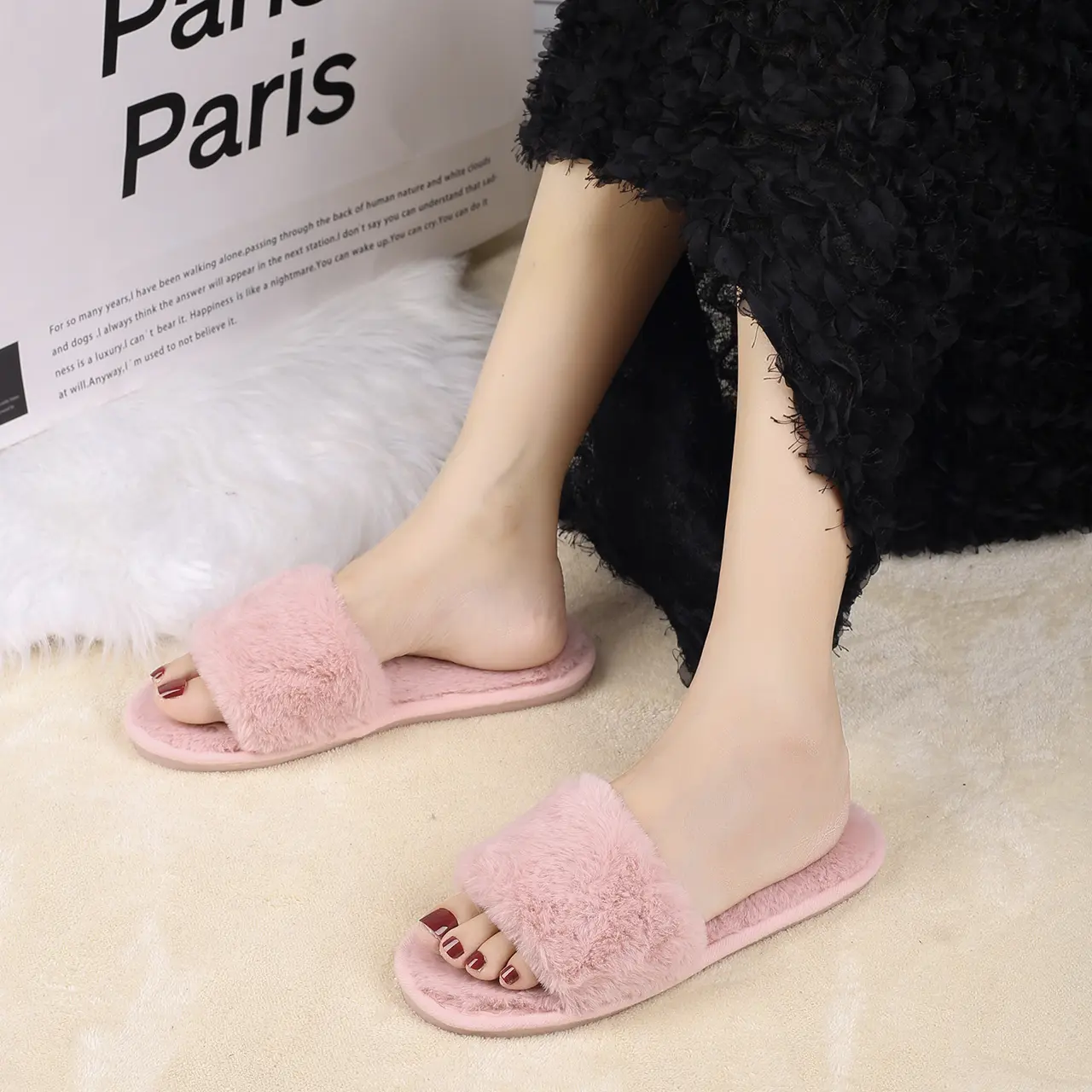 Plush Women's Slippers with Exposed Toes, Soft Sole, Fuzzy Home Shoes, Women's Winter Comfortable and Warm Indoor Slippers
