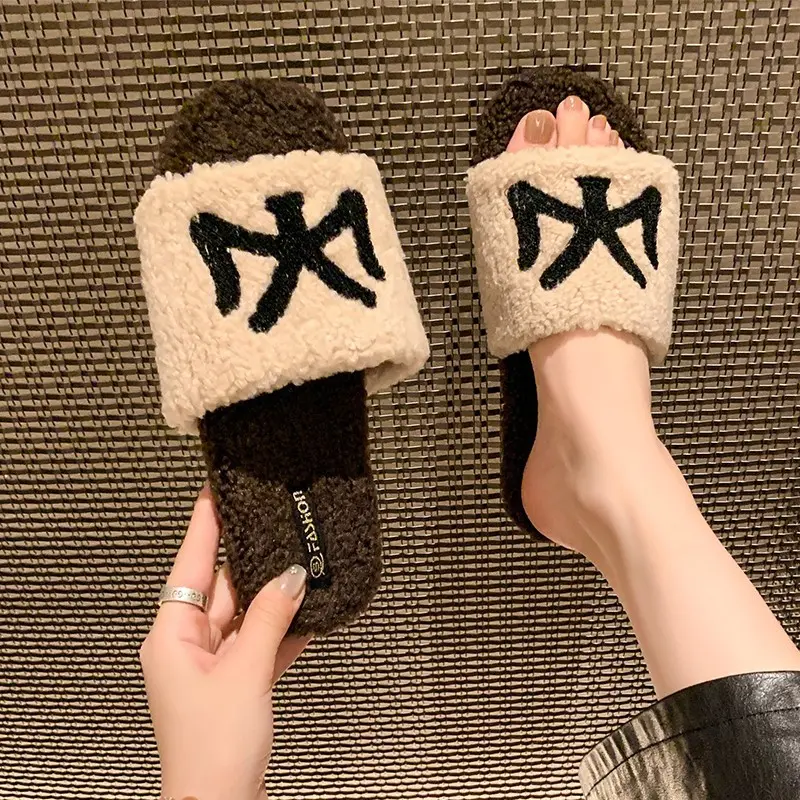 Cotton Slippers Woolly Slippers Female Indoor Home Autumn Winter Short Plush Flat Indoor Home Non-slip Large Size Slippers