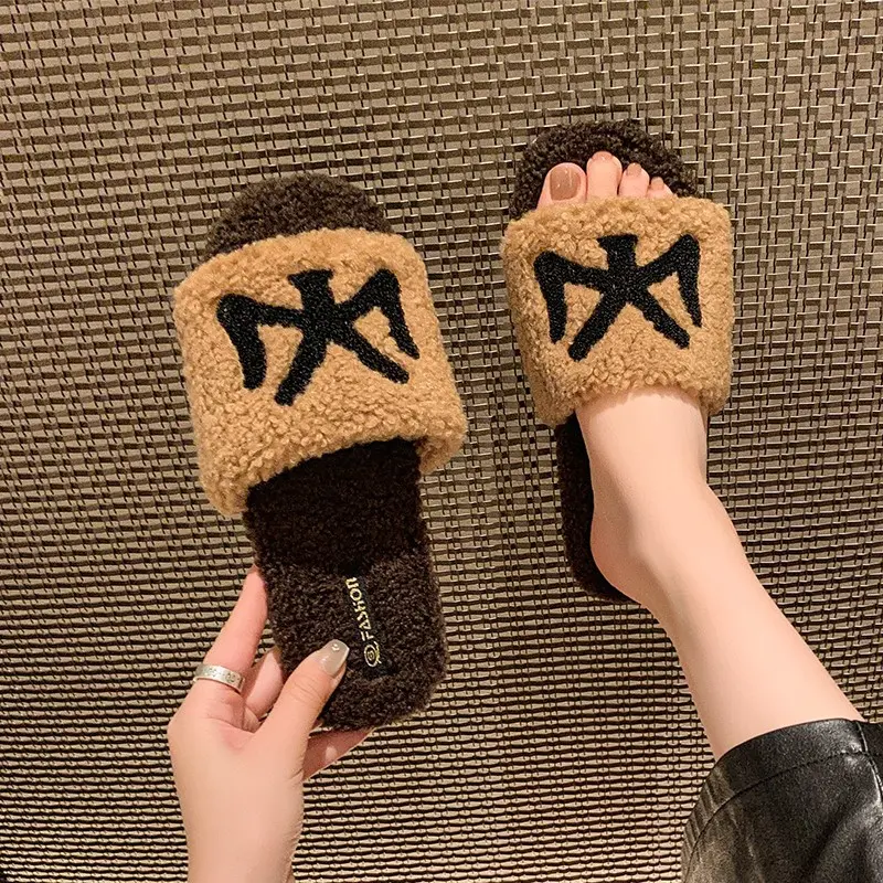 Cotton Slippers Woolly Slippers Female Indoor Home Autumn Winter Short Plush Flat Indoor Home Non-slip Large Size Slippers
