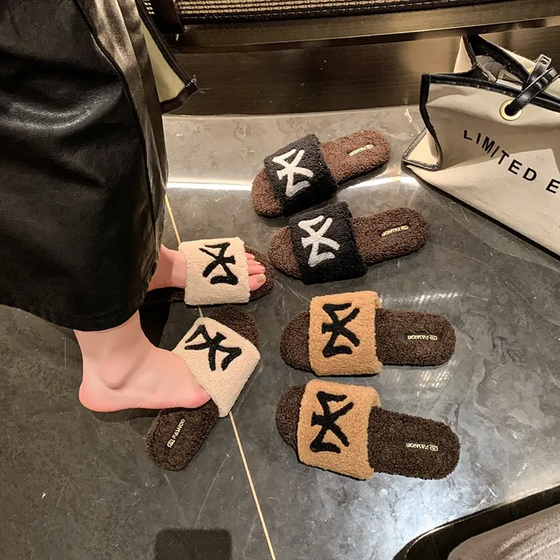 Cotton Slippers Woolly Slippers Female Indoor Home Autumn Winter Short Plush Flat Indoor Home Non-slip Large Size Slippers
