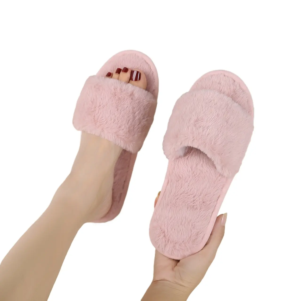 Plush Women's Slippers with Exposed Toes, Soft Sole, Fuzzy Home Shoes, Women's Winter Comfortable and Warm Indoor Slippers