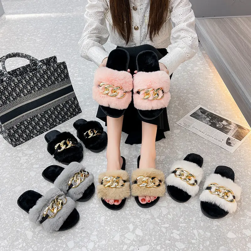 Casual Outdoor Plush Shoes Fashion Flat-bottomed Rhinestone Plush Slippers Women Size 43 Women Shoes Slippers Flat With