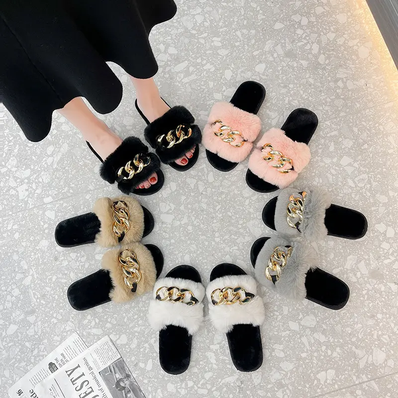 Casual Outdoor Plush Shoes Fashion Flat-bottomed Rhinestone Plush Slippers Women Size 43 Women Shoes Slippers Flat With