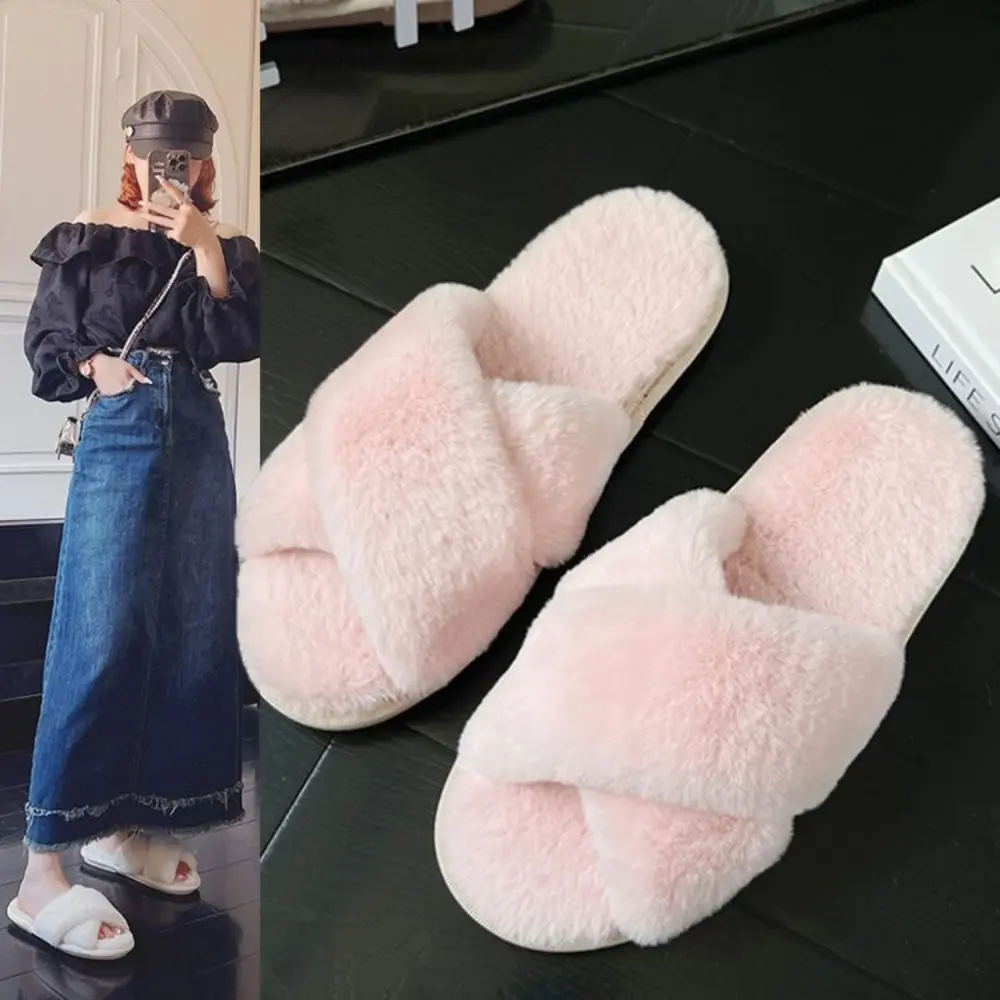 Winter Women House Slippers Faux Fur Fashion Warm Shoes Woman Slip on Flats Female Slides Black Pink Cozy Home Furry Slippers