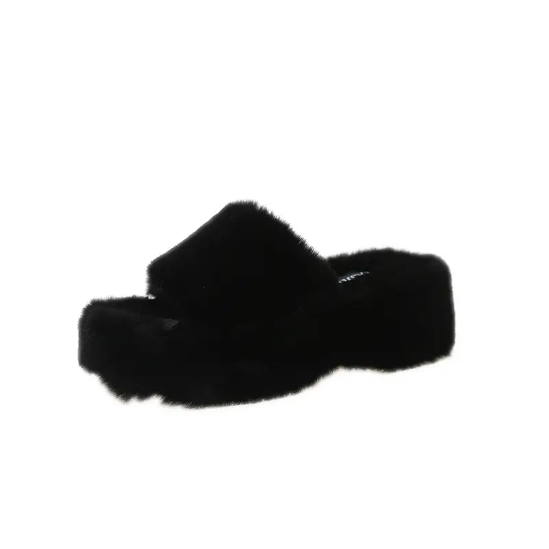 Fashion One Word Thick Fur Slippers Double Fur Slippers Casual Home Cotton Shoes for Women Flat Plush Cross Straps Slippers
