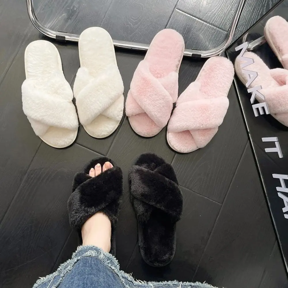 Winter Women House Slippers Faux Fur Fashion Warm Shoes Woman Slip on Flats Female Slides Black Pink Cozy Home Furry Slippers