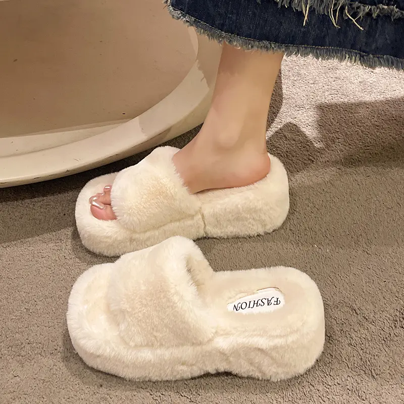Fashion One Word Thick Fur Slippers Double Fur Slippers Casual Home Cotton Shoes for Women Flat Plush Cross Straps Slippers
