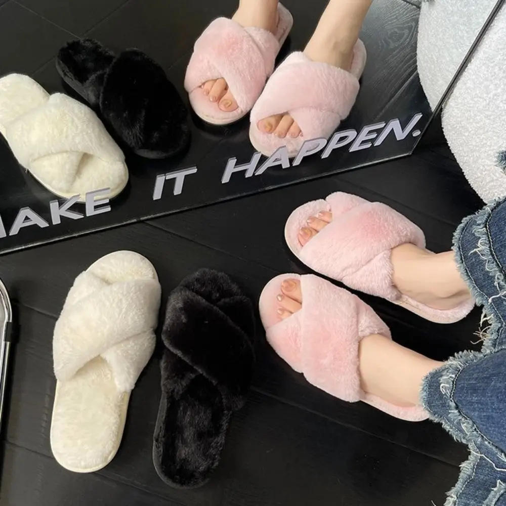 Winter Women House Slippers Faux Fur Fashion Warm Shoes Woman Slip on Flats Female Slides Black Pink Cozy Home Furry Slippers