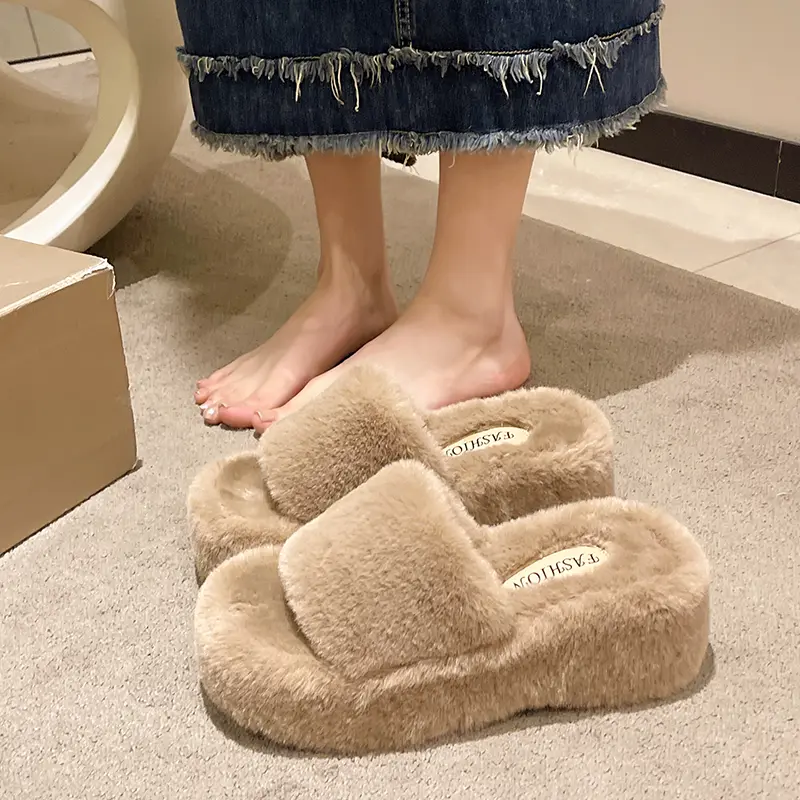 Fashion One Word Thick Fur Slippers Double Fur Slippers Casual Home Cotton Shoes for Women Flat Plush Cross Straps Slippers