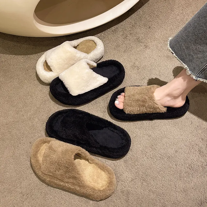 Hairy Cotton Slippers Women Autumn Winter New Warm Footwear Home Bright Diamond Slippers Fashion Outer Wear Women's Flat Shoes