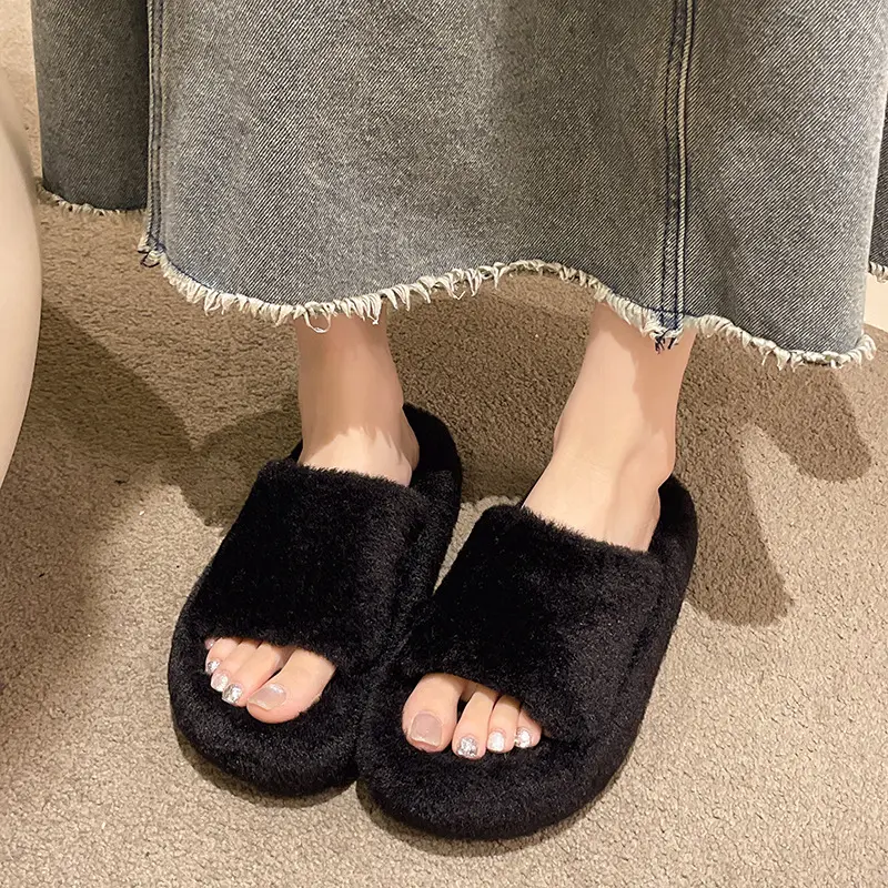 Hairy Cotton Slippers Women Autumn Winter New Warm Footwear Home Bright Diamond Slippers Fashion Outer Wear Women's Flat Shoes