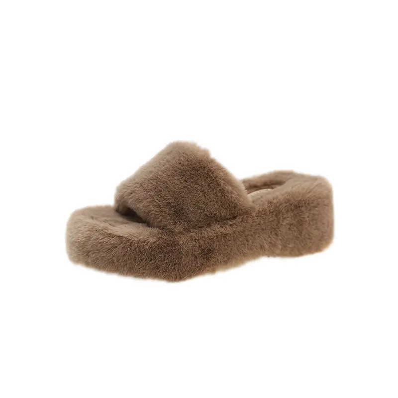 Fashion One Word Thick Fur Slippers Double Fur Slippers Casual Home Cotton Shoes for Women Flat Plush Cross Straps Slippers