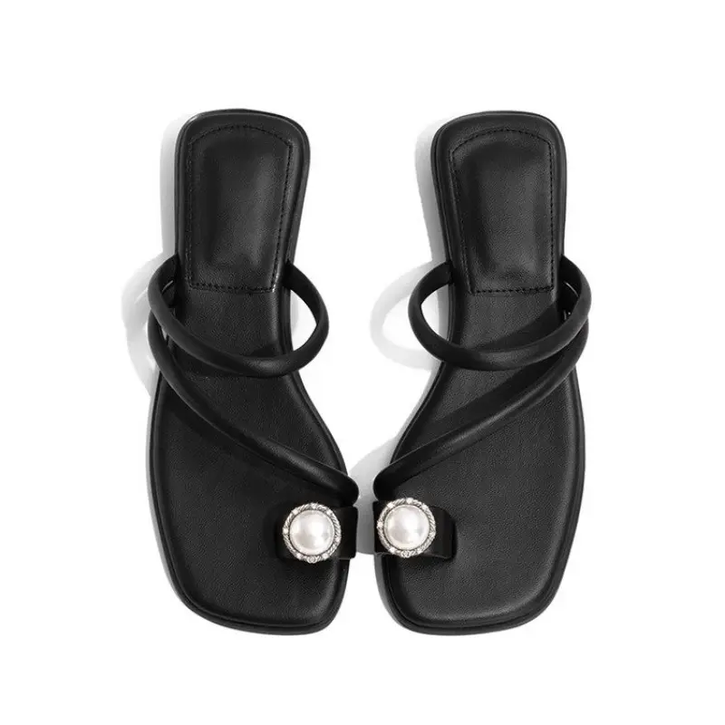 Summer Narrow Band Women Slipper Fashion Metal Decoration Low Heel Slip on Ladies Elegant Slides Casual Outdoor Beach Flip Flop