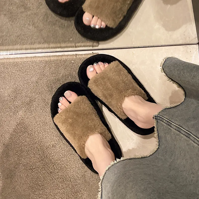 Hairy Cotton Slippers Women Autumn Winter New Warm Footwear Home Bright Diamond Slippers Fashion Outer Wear Women's Flat Shoes