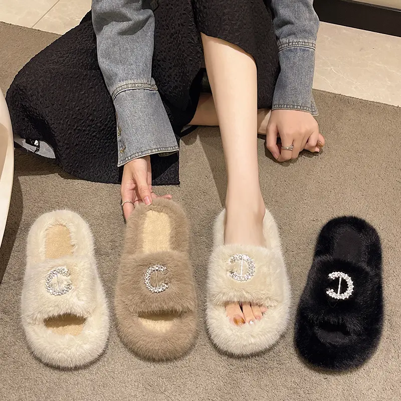 Casual Fluffy Slippers Women Home Flats Elegant Designer Shoes Girls Fashion Cotton Open Toe Platform Slipper House Large Size