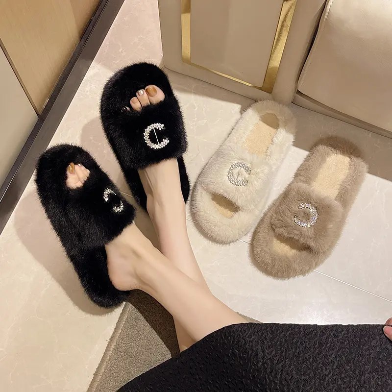 Casual Fluffy Slippers Women Home Flats Elegant Designer Shoes Girls Fashion Cotton Open Toe Platform Slipper House Large Size
