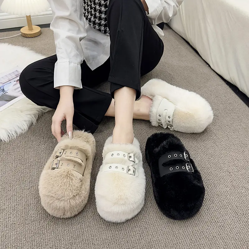 Fur Shoes Ladies' Slippers Luxury Slides Women Heels on A Wedge Pantofle Platform Plush Designer High 2024 Fabric Rome PU Rubber