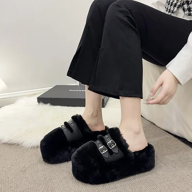 Fur Shoes Ladies' Slippers Luxury Slides Women Heels on A Wedge Pantofle Platform Plush Designer High 2024 Fabric Rome PU Rubber
