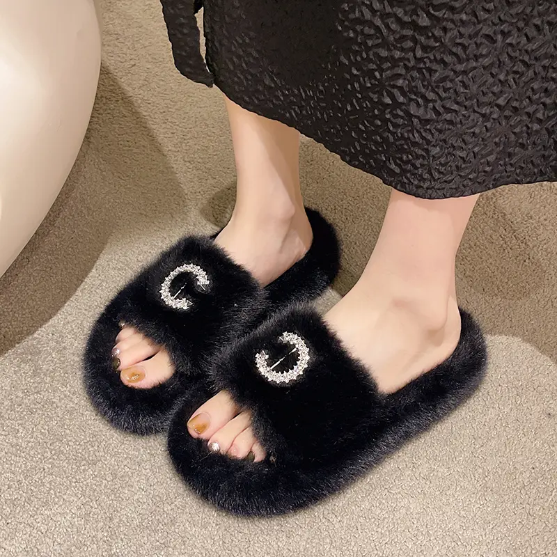 Casual Fluffy Slippers Women Home Flats Elegant Designer Shoes Girls Fashion Cotton Open Toe Platform Slipper House Large Size