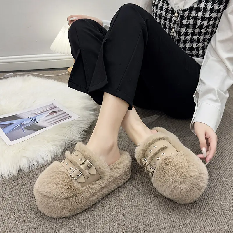 Fur Shoes Ladies' Slippers Luxury Slides Women Heels on A Wedge Pantofle Platform Plush Designer High 2024 Fabric Rome PU Rubber