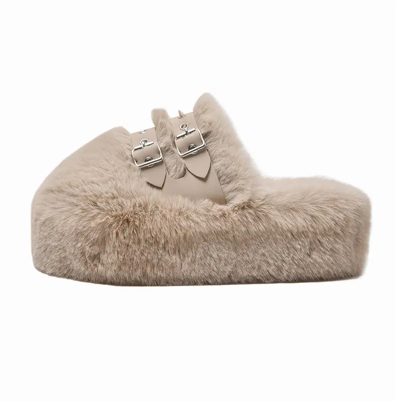 Fur Shoes Ladies' Slippers Luxury Slides Women Heels on A Wedge Pantofle Platform Plush Designer High 2024 Fabric Rome PU Rubber