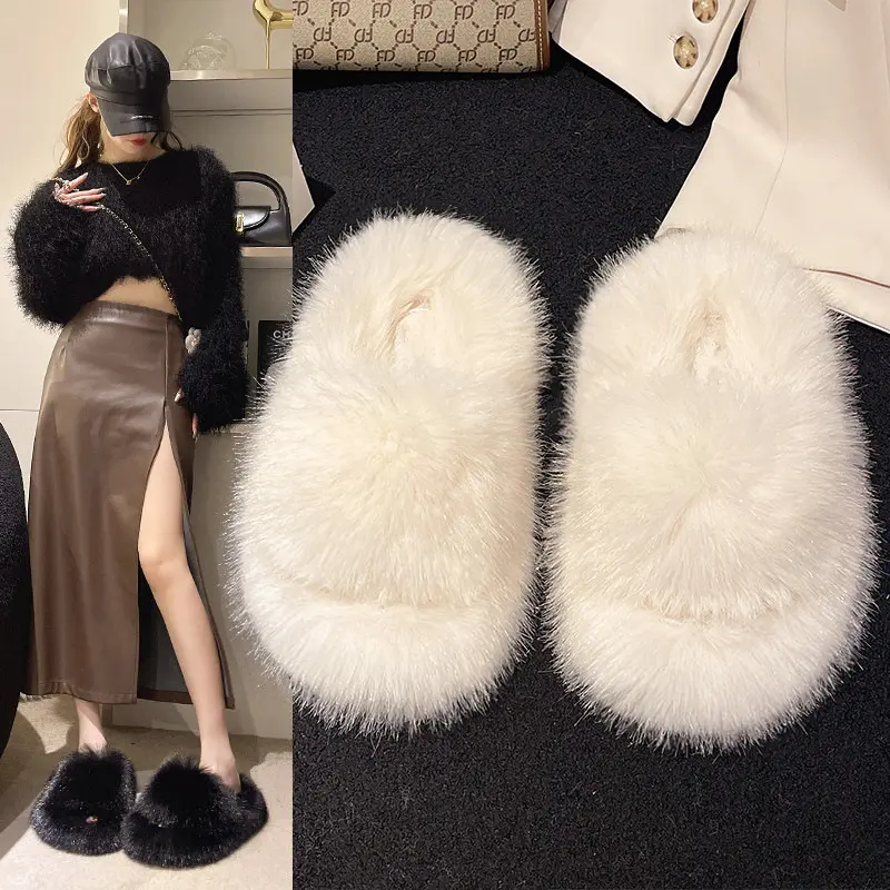 Winter Fluffy Slippers Women 2024 New House Home Fur Slippers for Women Flat Platform Cozy Fuzzy Indoor Shoes Korean Slides