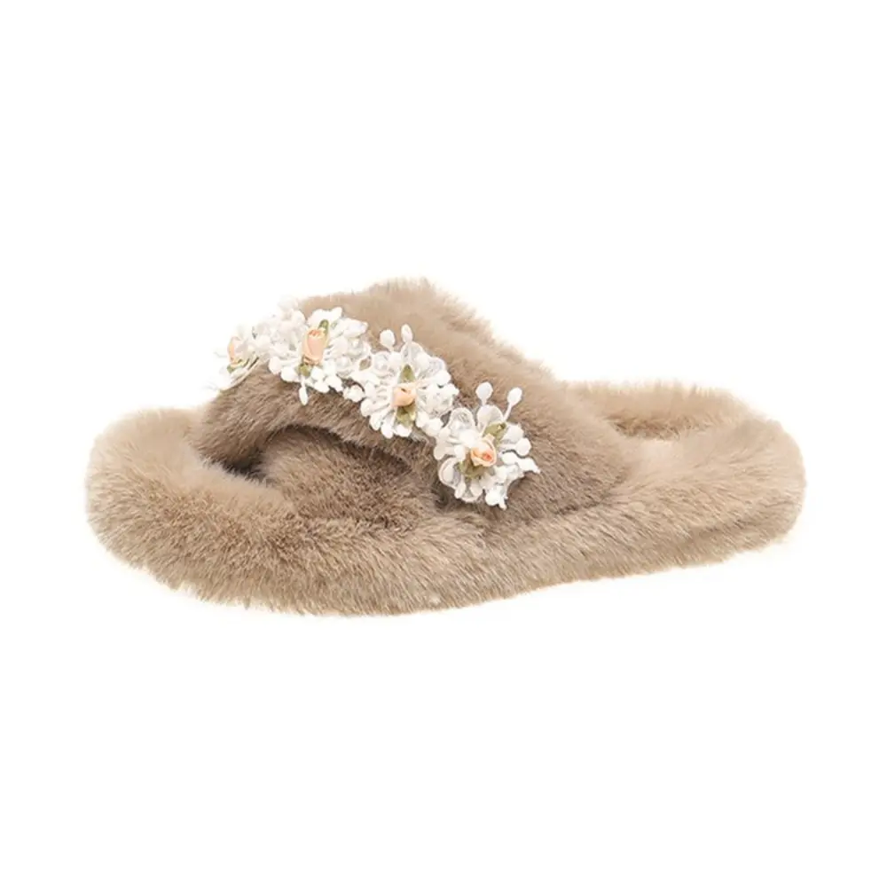 Women Fashion Warm Fluffy Slippers Cozy Faux Fur Cross Indoor Floor Slides Flat Soft Furry Ladies Female Celebrities Flip Flops