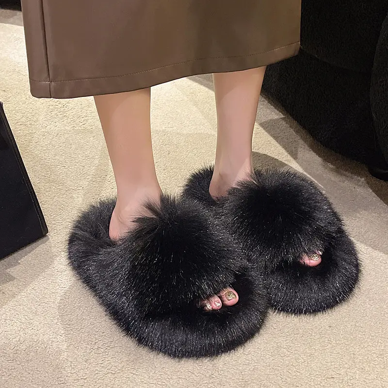 Winter Fluffy Slippers Women 2024 New House Home Fur Slippers for Women Flat Platform Cozy Fuzzy Indoor Shoes Korean Slides