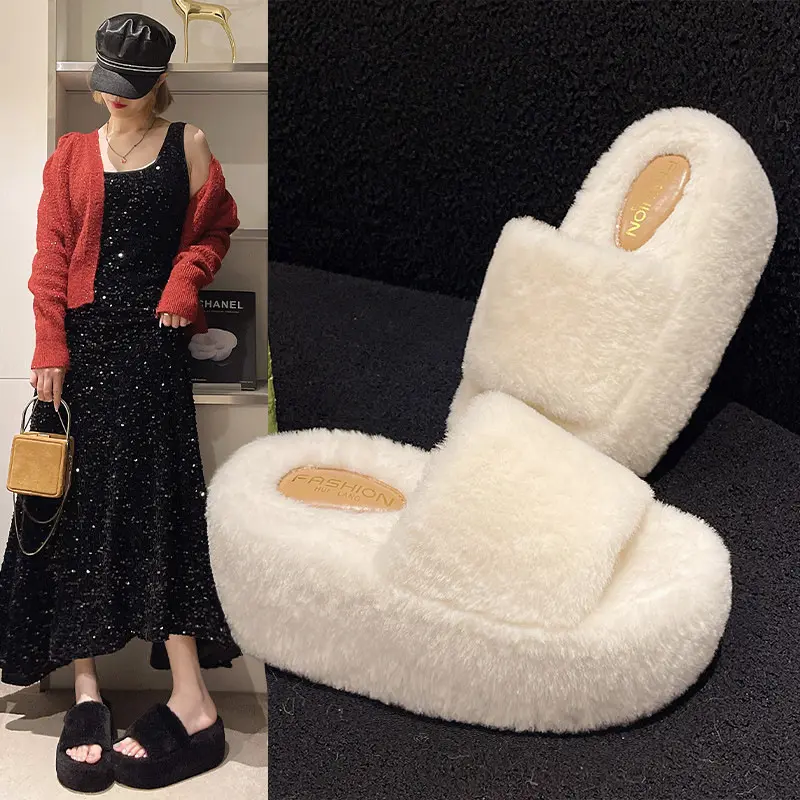 8cm Height Increasing Thick Soled Woolen Slippers for Women Wearing Flat Bottomed High-heeled Slippers Outdoors in 2025