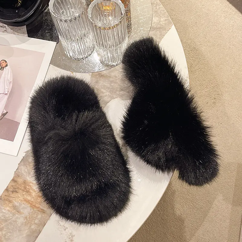 Winter Fluffy Slippers Women 2024 New House Home Fur Slippers for Women Flat Platform Cozy Fuzzy Indoor Shoes Korean Slides