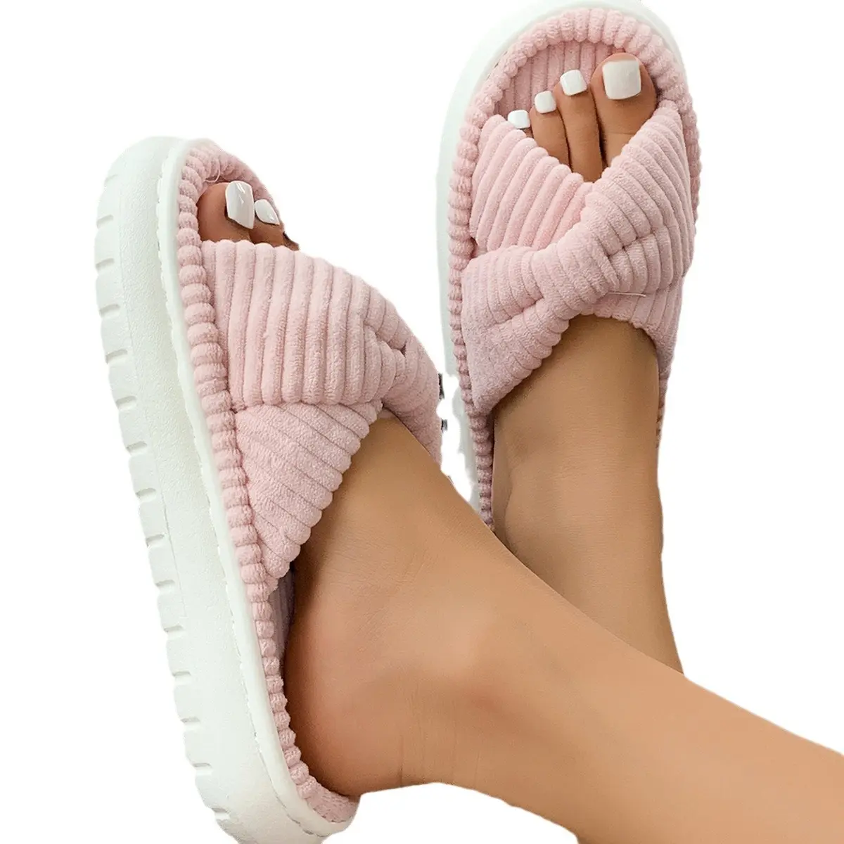2024 Women's Autumn/Winter New Cotton Non Slip Home Slippers Warm Toe Cross Flat Bottom Slippers