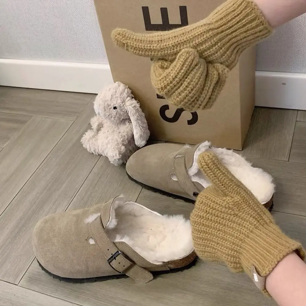 Winter new velvet warm and comfortable 2024 soft fur half drag solid color buckle design popular large women's slippers