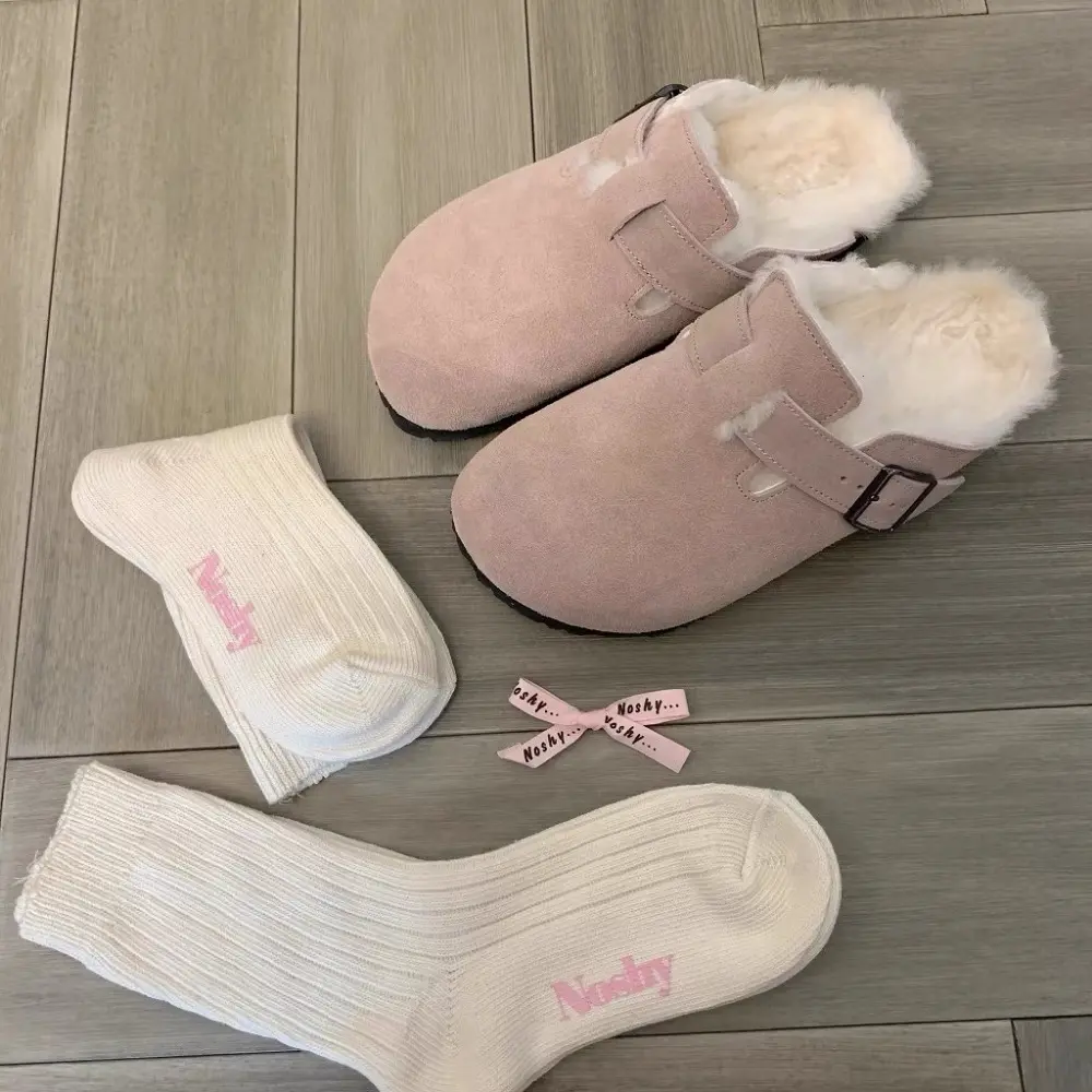Winter new velvet warm and comfortable 2024 soft fur half drag solid color buckle design popular large women's slippers