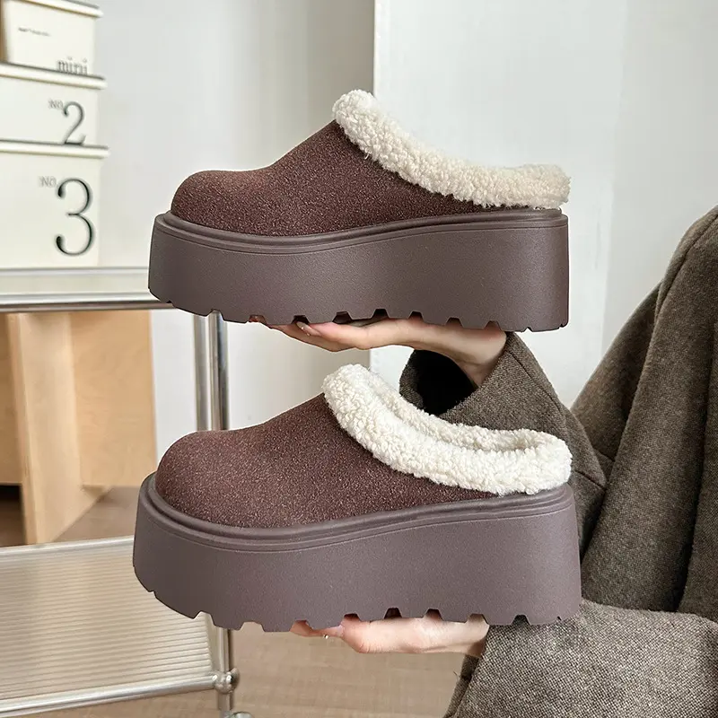 Chunky Heel Women Warm Cotton Mules Slippers Fashion Cover Toe Slip on Shoes Ladies Comfort House Lazy Slides
