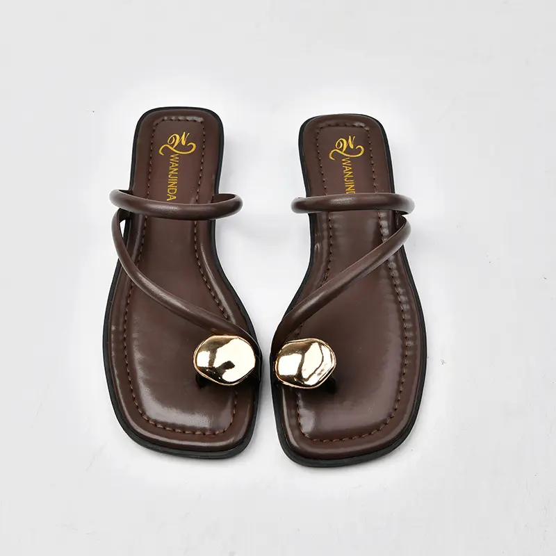 Summer Women Sandals Narrow Band Fashion Metal Decoration Low Heel Slip on Women Slipper Elegant Slides Outdoor Beach Flip Flop