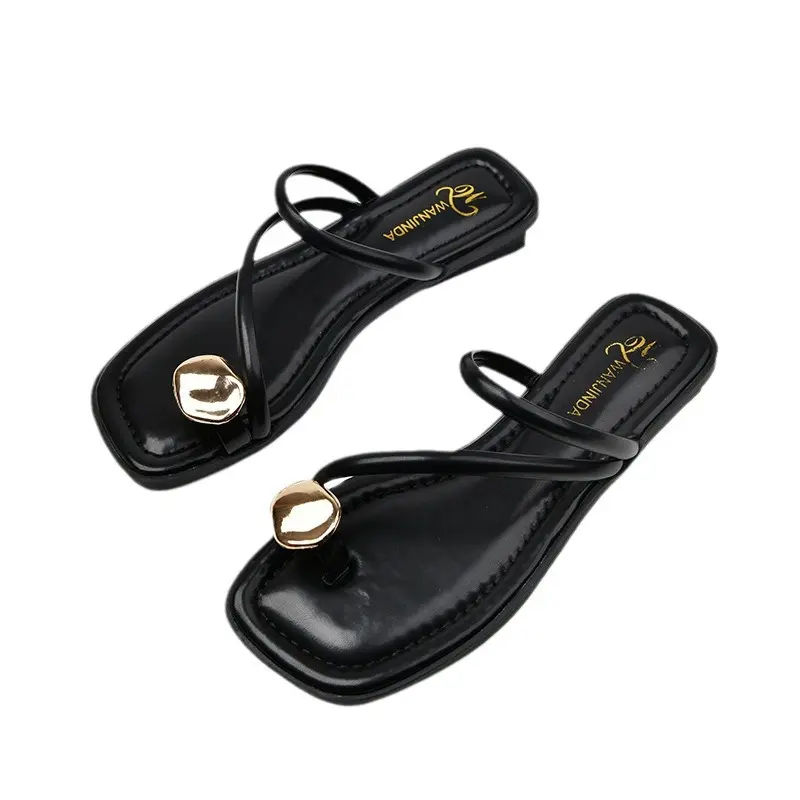 Summer Women Sandals Narrow Band Fashion Metal Decoration Low Heel Slip on Women Slipper Elegant Slides Outdoor Beach Flip Flop