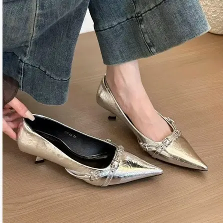 2024 Woman Elegant Summer French Pointed Toe Mary Janes Casual Chunky Heels Female Retro Shoes Low Heeled Women Shoes