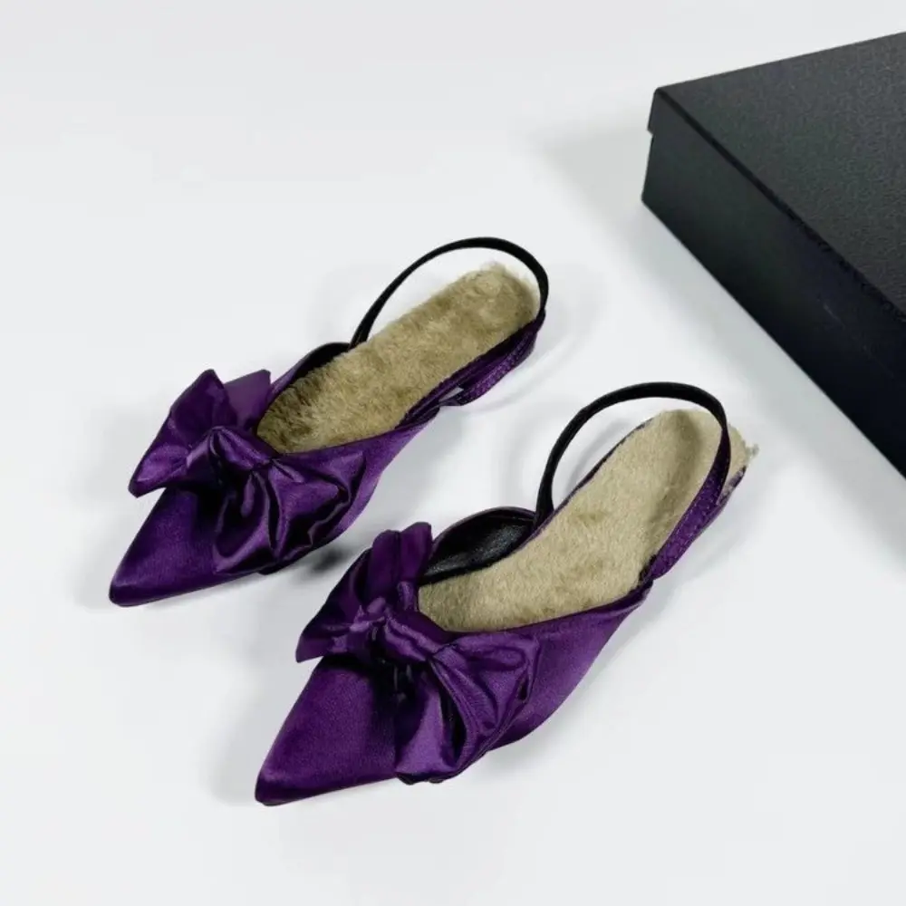 Bow Pointed Toe Slippers Chunky Shallow Casual Luxury Shoes Woman 2025 Trend Elegant Party Dress Slides New Autumn Mujer Zapatos
