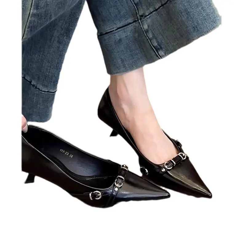 2024 Woman Elegant Summer French Pointed Toe Mary Janes Casual Chunky Heels Female Retro Shoes Low Heeled Women Shoes